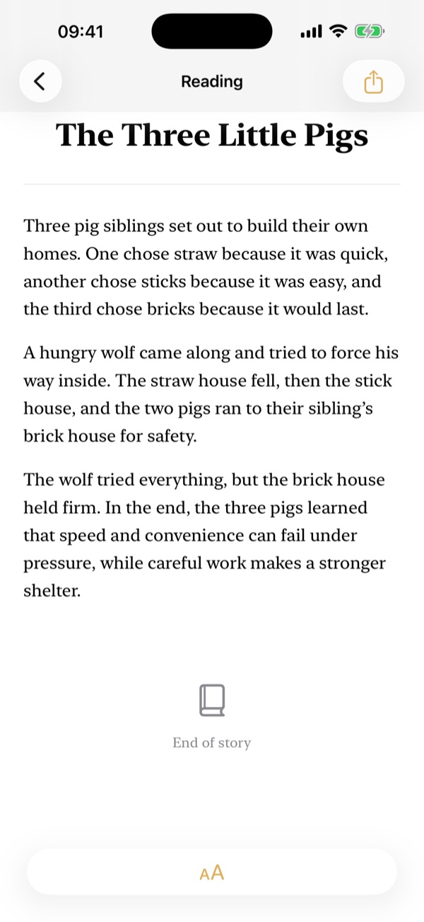 Immersive reading mode for AI generated stories